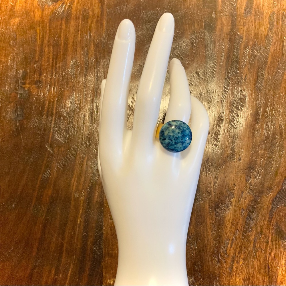 Blue Gemstone Gold Plated Adjustable Ring Wide Band Hammered Statement Ring